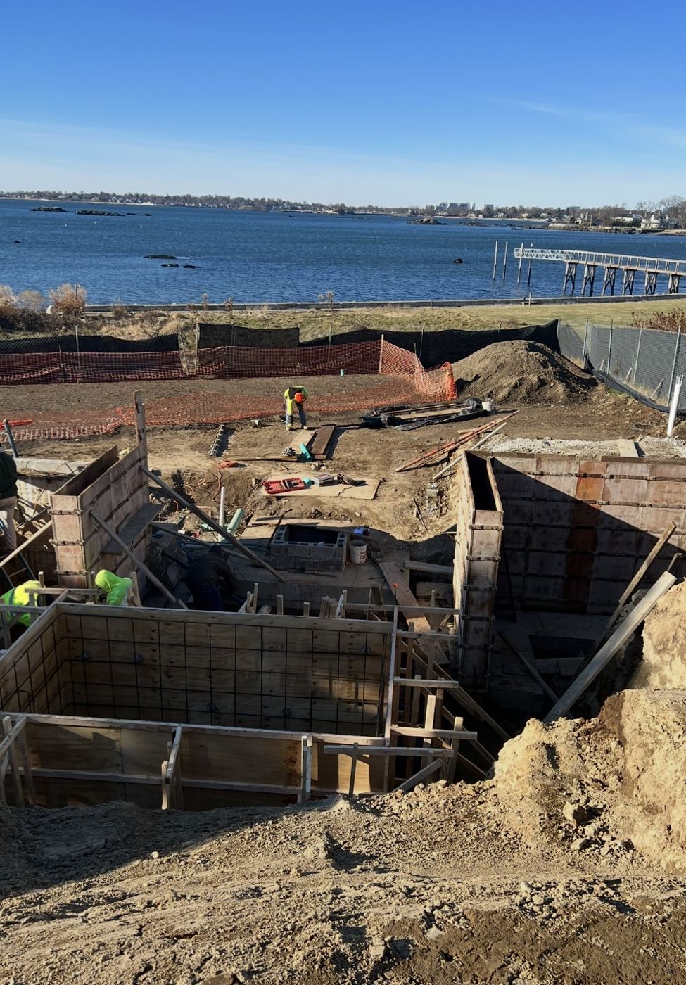 Foundation forms set on a waterfront lot