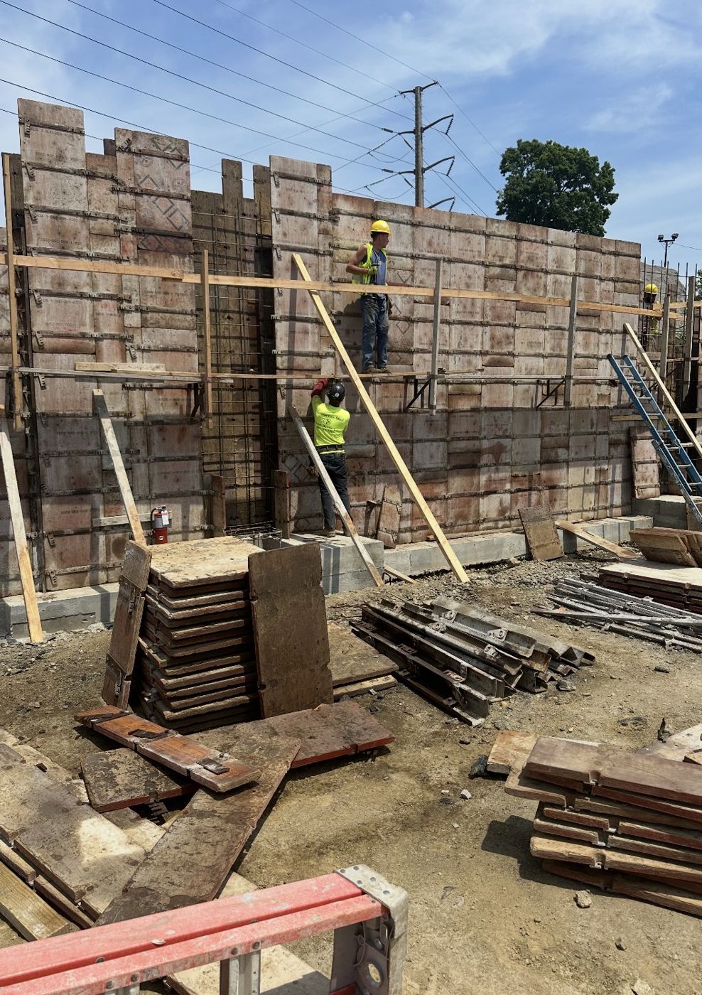 Tall commercial wall forms braced and tied